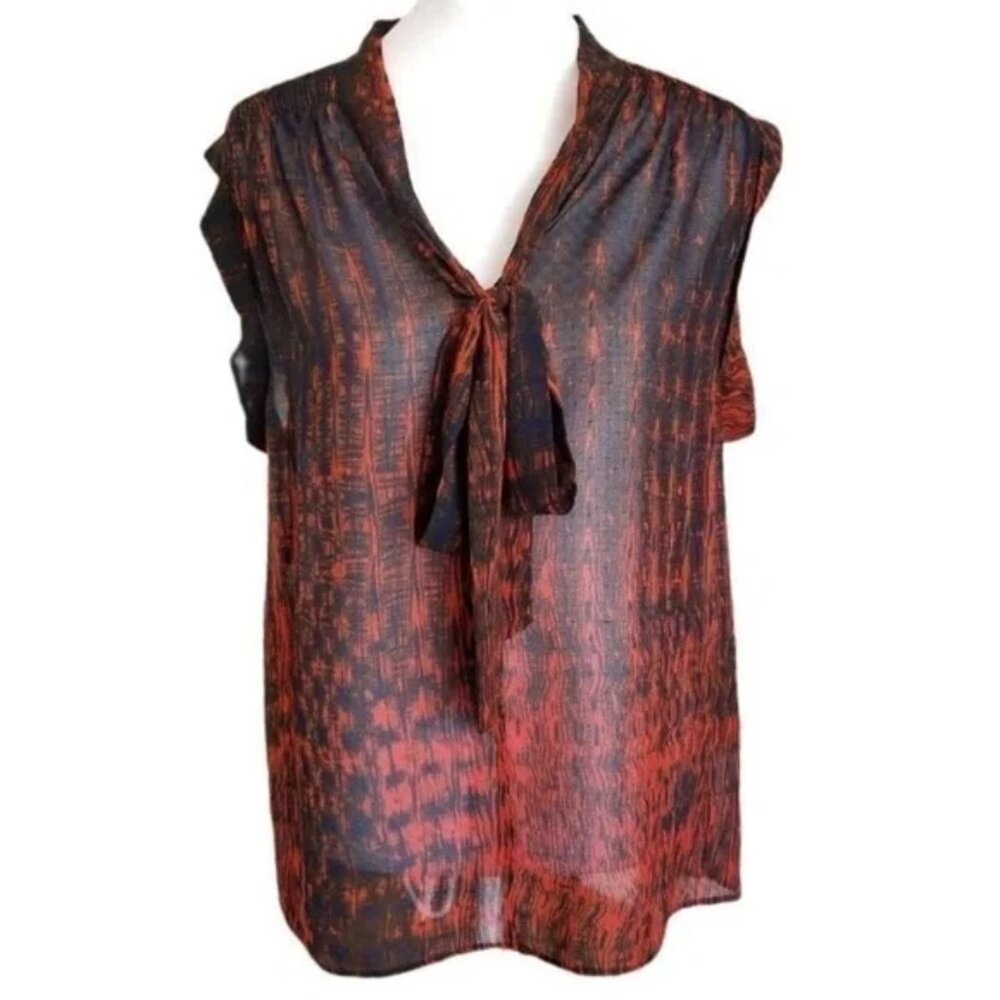$5! 2 for $10🌹Rachel Roy Black and Red Orange Sheer Patterned Blouse Sz 8